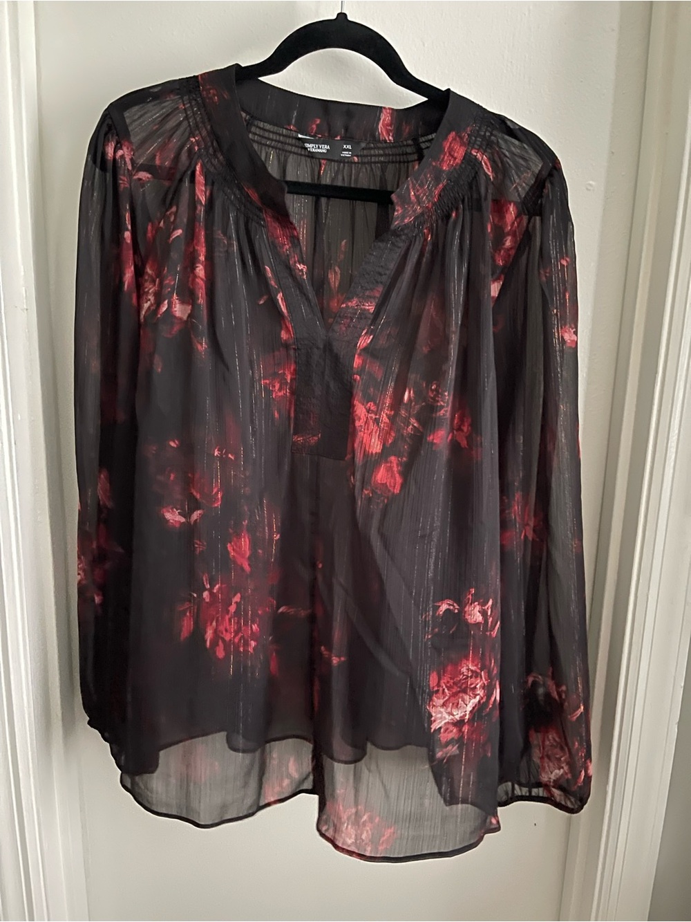 Simply Vera Vera Wang Black Sheer Blouse with Red Floral Print